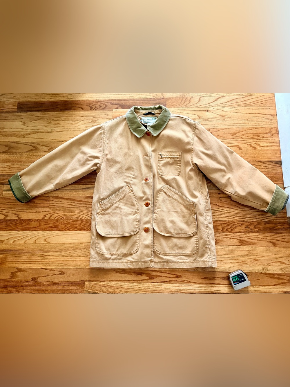 L.L. Bean Tan Canvas Utility Jacket with Green Corduroy Collar